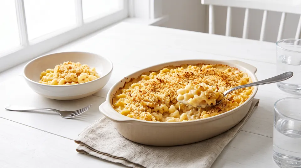 Scoop of creamy baked mac and cheese with a golden, crispy panko topping in a white baking dish