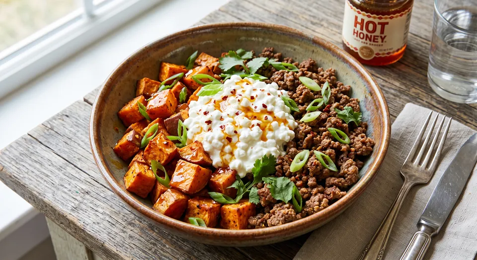Hot Honey Cottage Cheese Sweet Potato Beef Bowl